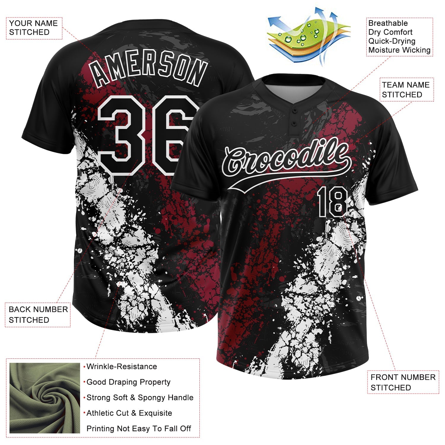 Custom Black Crimson-White Dripping Splatter Cracked Texture Two-Button Unisex Softball Jersey view 3
