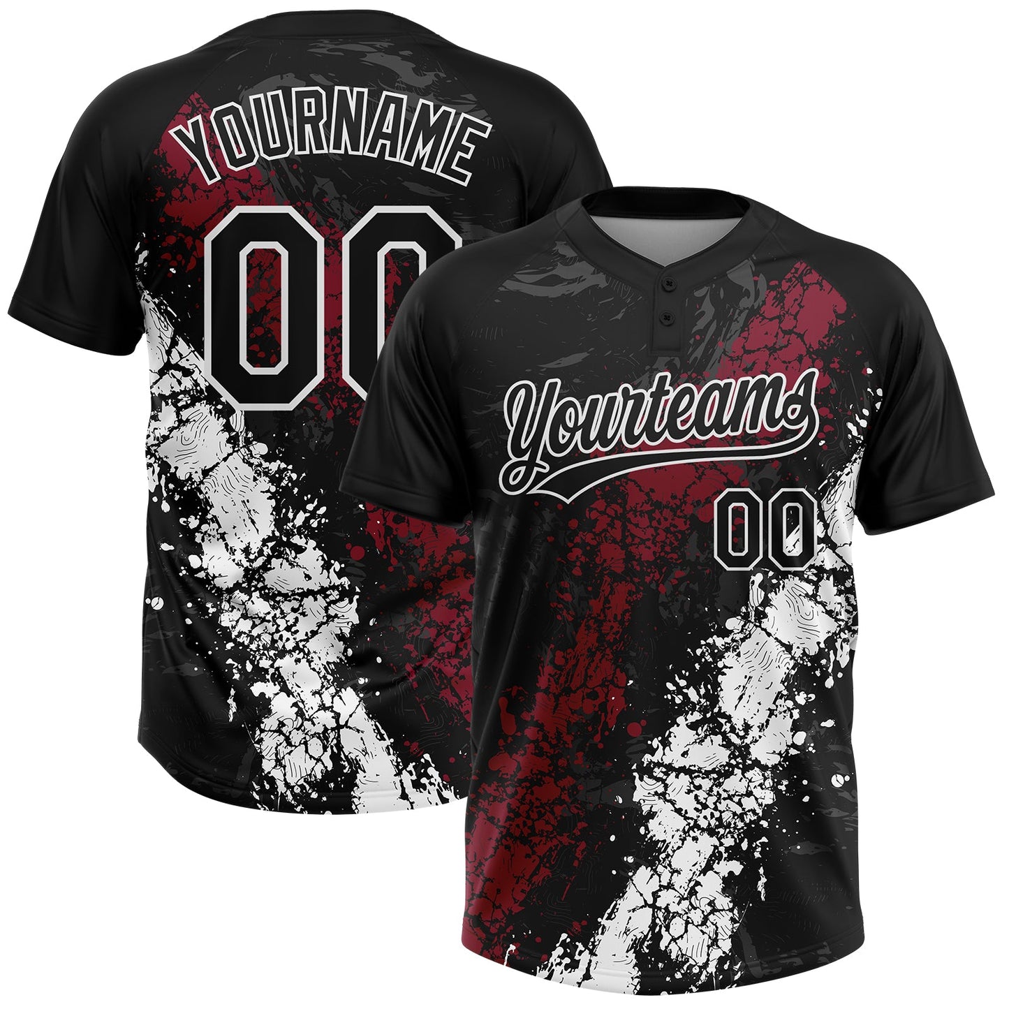 Custom Black Crimson-White Dripping Splatter Cracked Texture Two-Button Unisex Softball Jersey - Main View