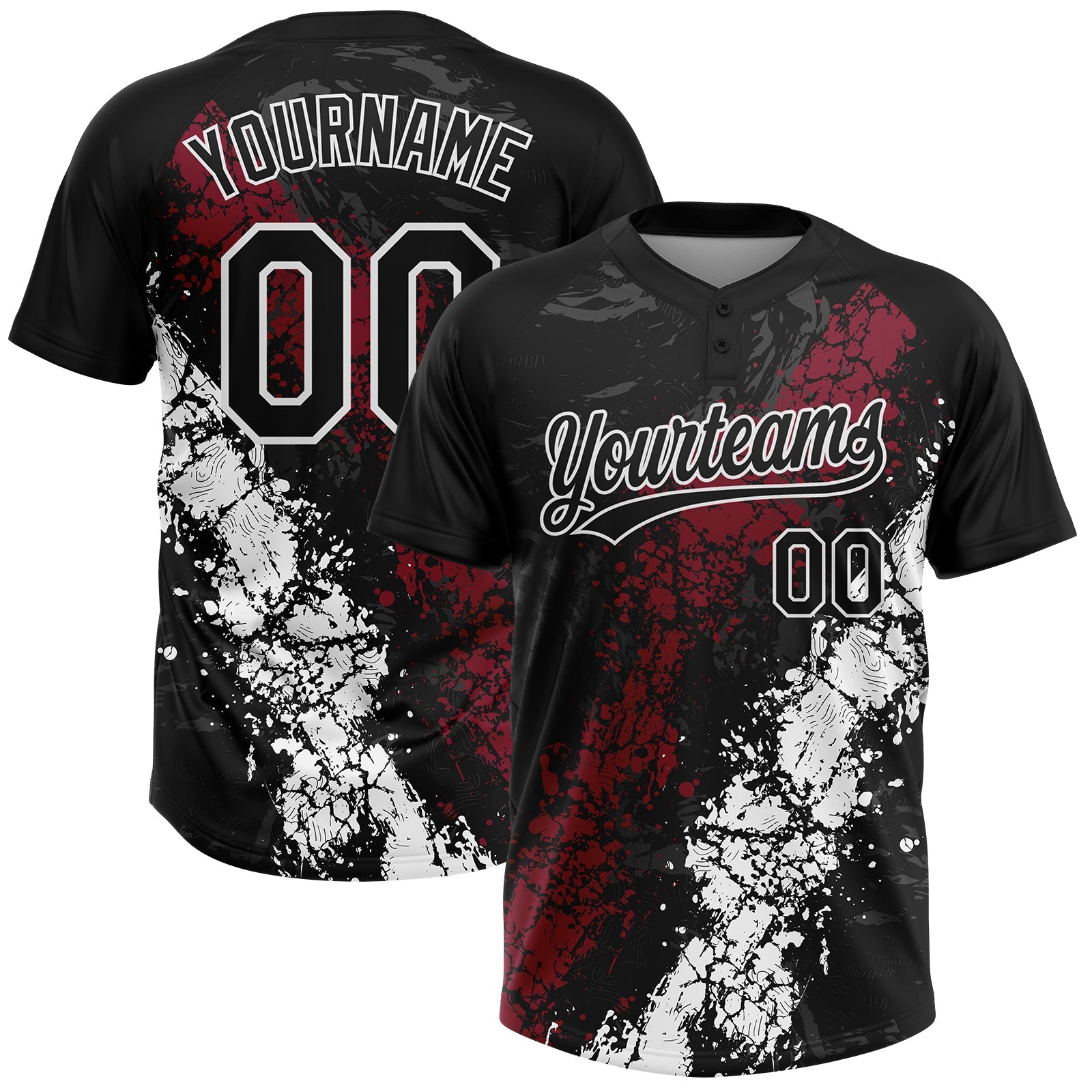 Custom Black Crimson-White Dripping Splatter Cracked Texture Two-Button Unisex Softball Jersey - Main View