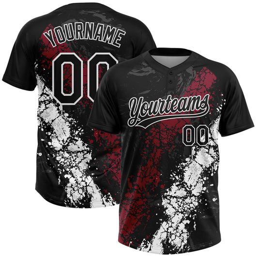 Custom Black Crimson-White Dripping Splatter Cracked Texture Two-Button Unisex Softball Jersey - Main View