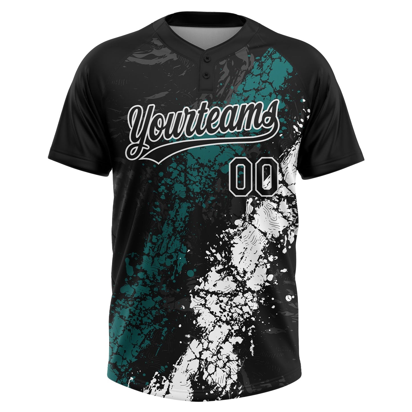 Custom Black Teal-White Dripping Splatter Cracked Texture Two-Button Unisex Softball Jersey view 2