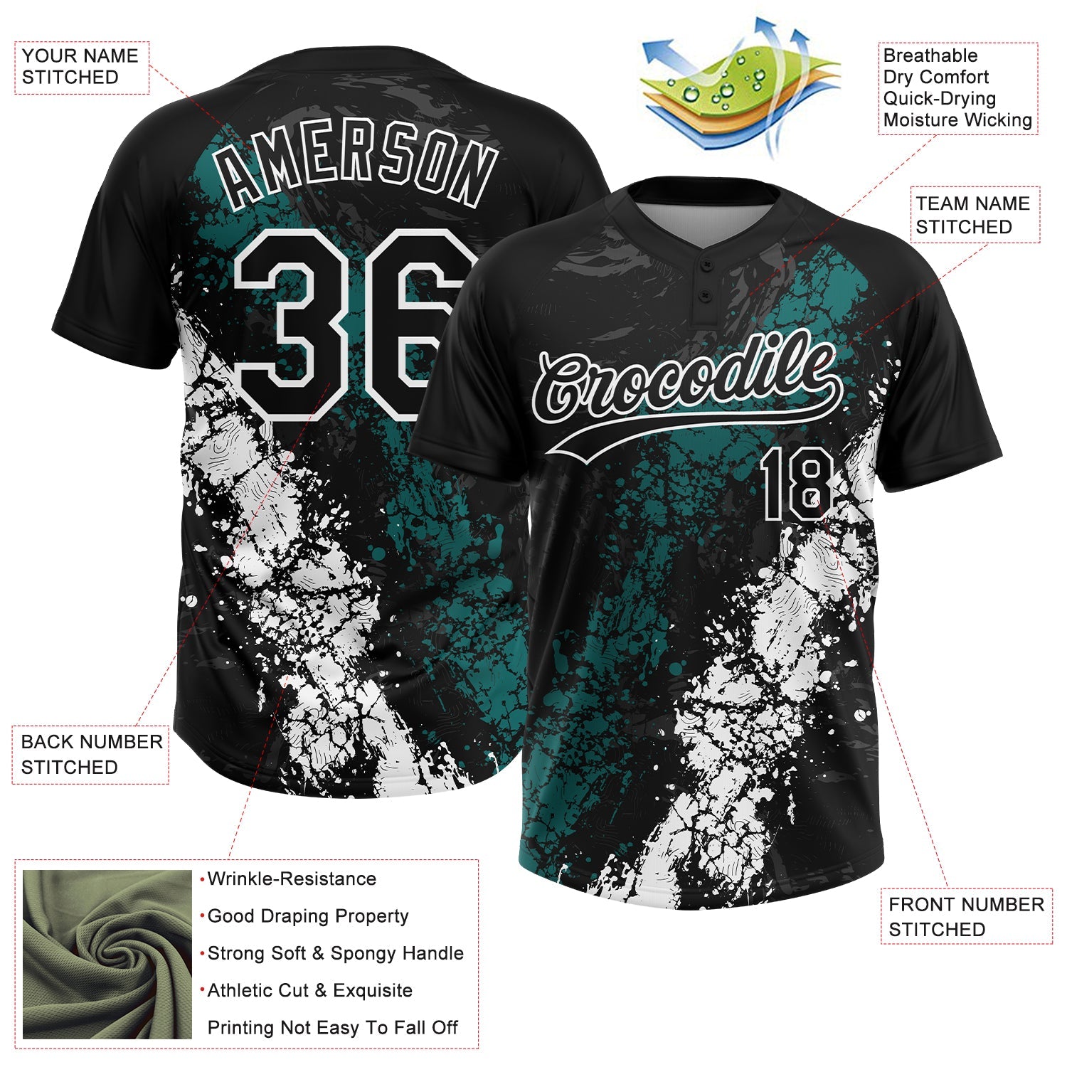 Custom Black Teal-White Dripping Splatter Cracked Texture Two-Button Unisex Softball Jersey view 3
