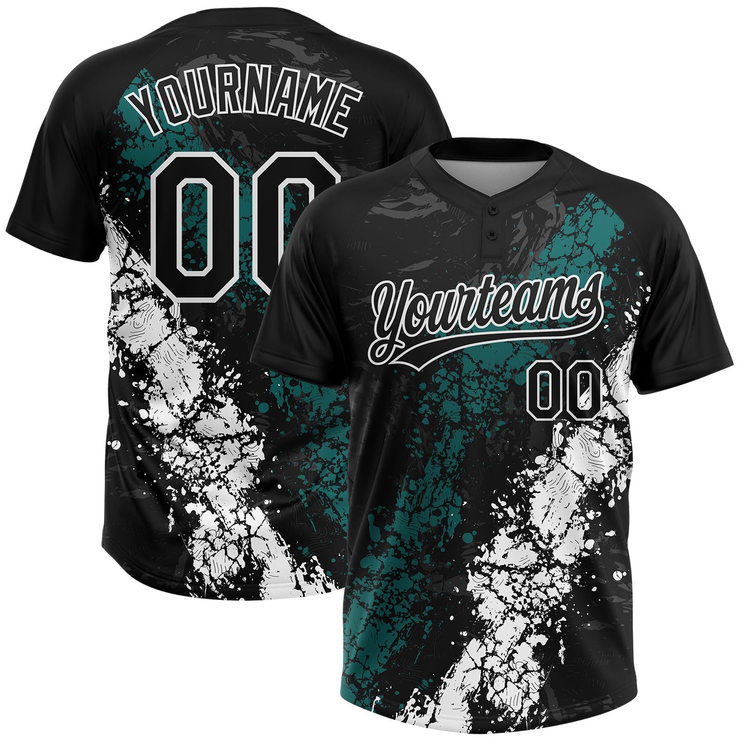 Custom Black Teal-White Dripping Splatter Cracked Texture Two-Button Unisex Softball Jersey - Main View