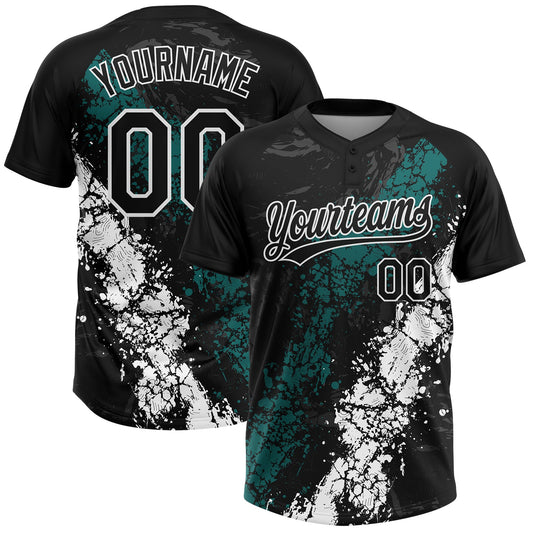 Custom Black Teal-White Dripping Splatter Cracked Texture Two-Button Unisex Softball Jersey - Main View