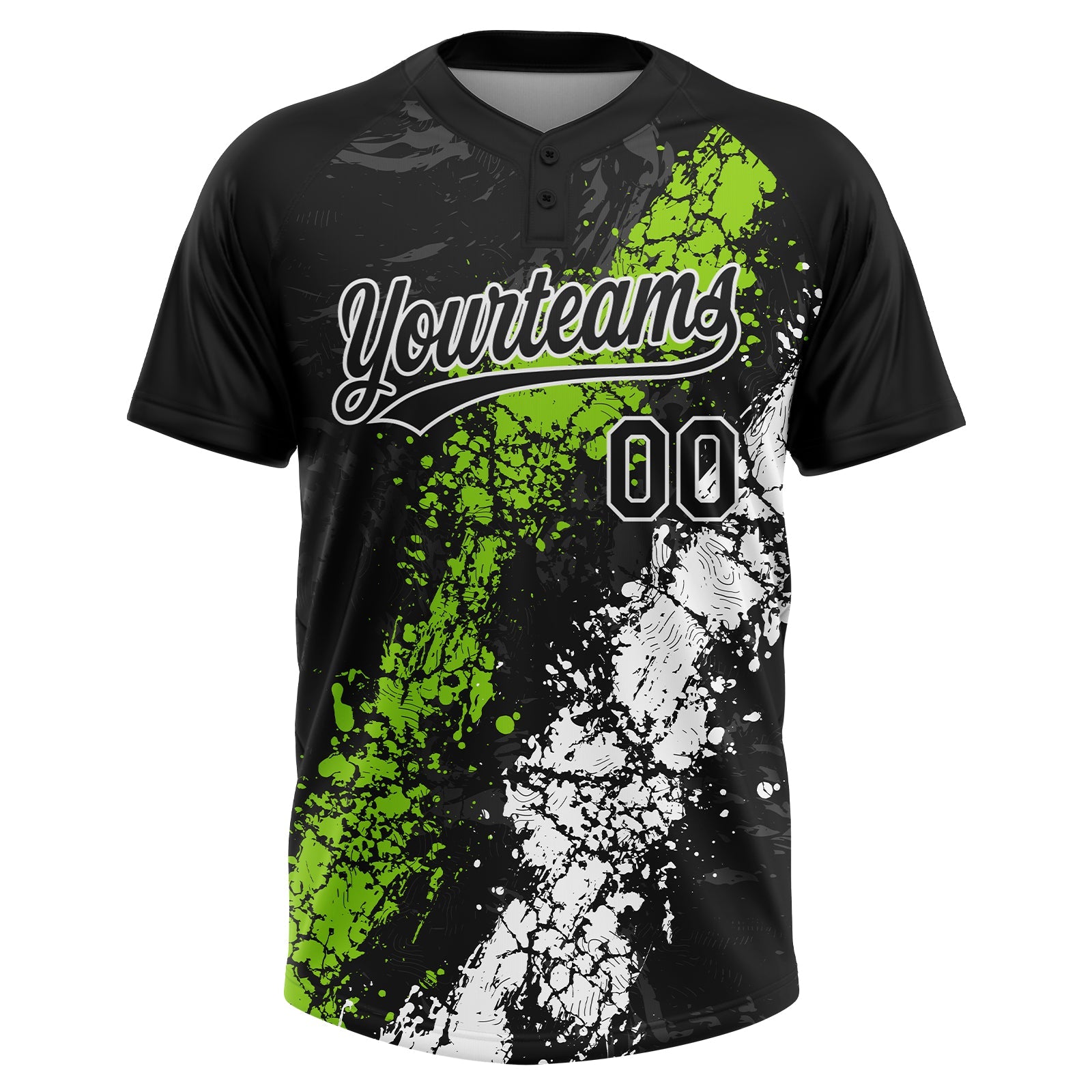 Custom Black Neon Green-White Dripping Splatter Cracked Texture Two-Button Unisex Softball Jersey view 2