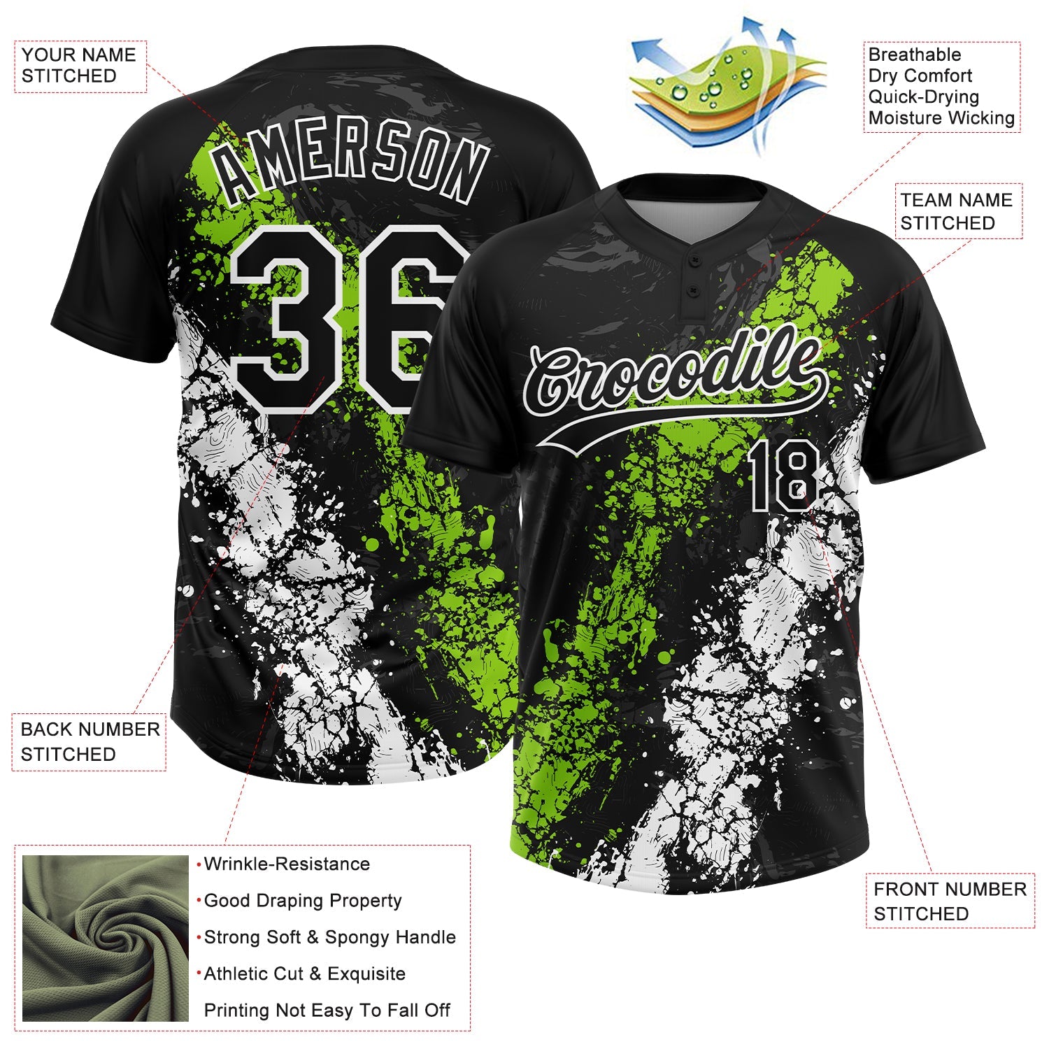 Custom Black Neon Green-White Dripping Splatter Cracked Texture Two-Button Unisex Softball Jersey view 3