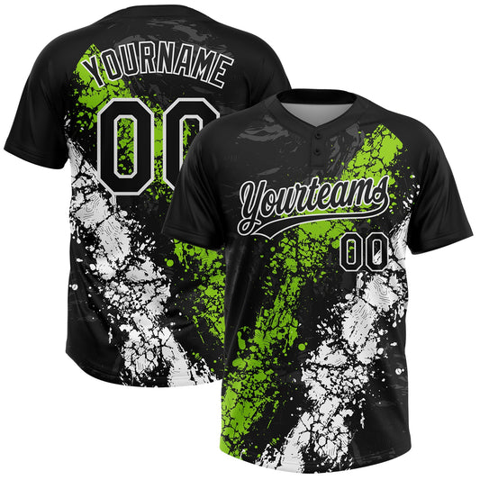 Custom Black Neon Green-White Dripping Splatter Cracked Texture Two-Button Unisex Softball Jersey - Main View