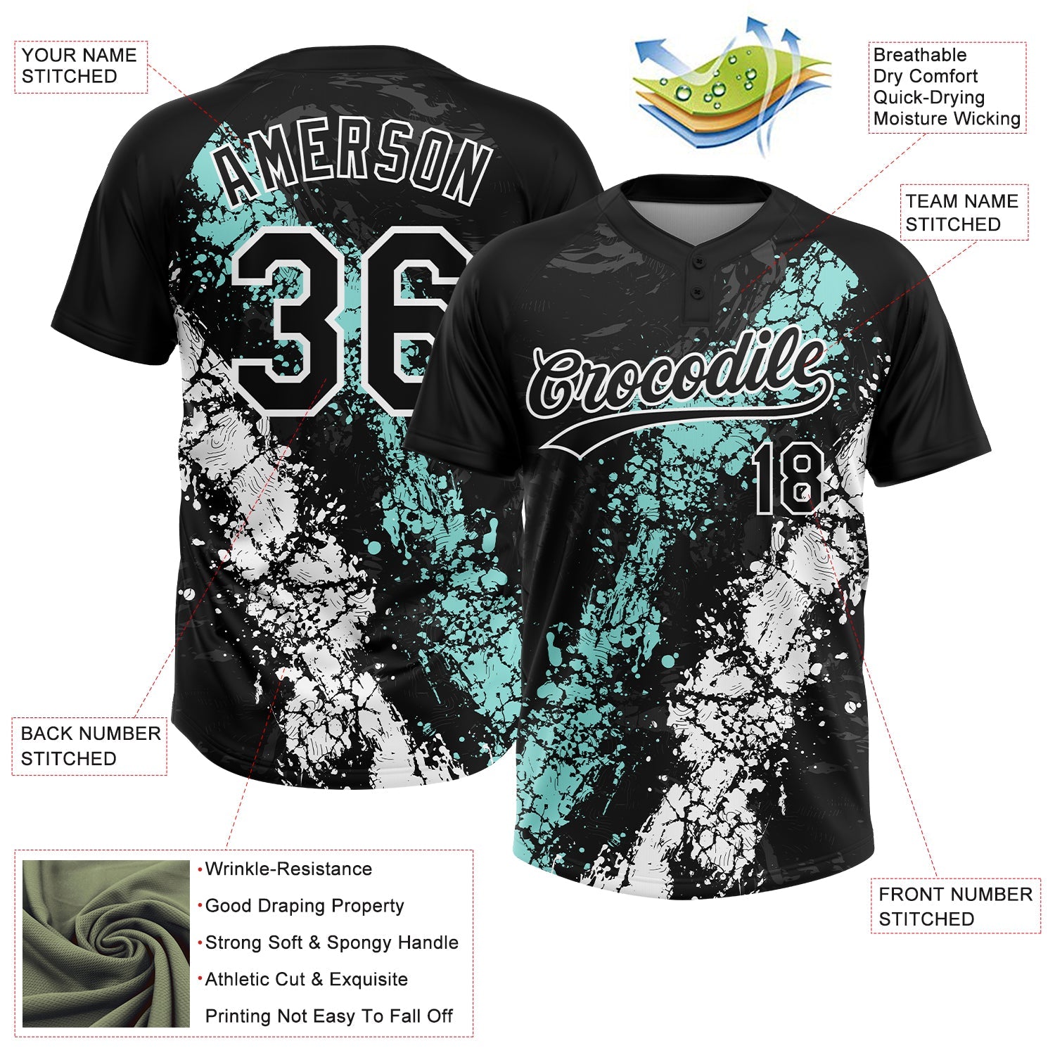 Custom Black Ice Blue-White Dripping Splatter Cracked Texture Two-Button Unisex Softball Jersey view 3