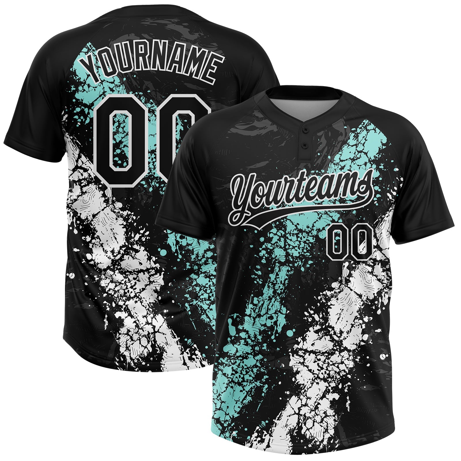 Custom Black Ice Blue-White Dripping Splatter Cracked Texture Two-Button Unisex Softball Jersey - Main View