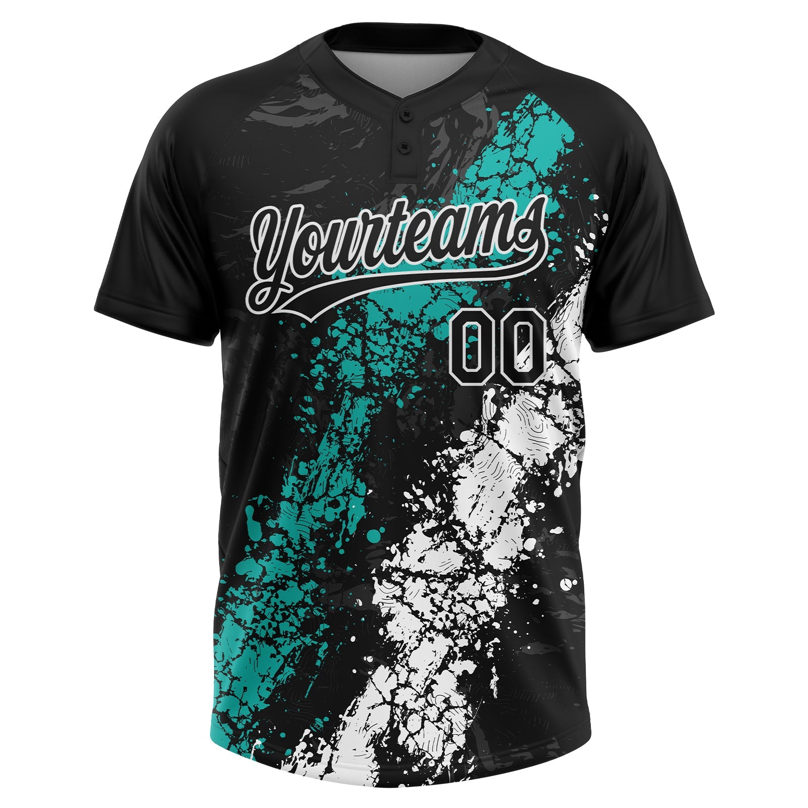 Custom Black Aqua-White Dripping Splatter Cracked Texture Two-Button Unisex Softball Jersey view 2
