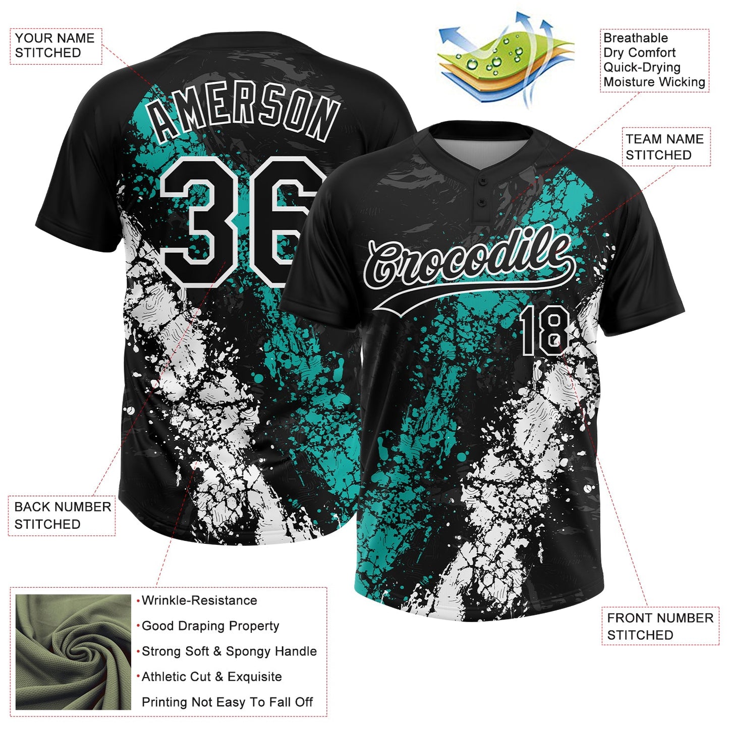 Custom Black Aqua-White Dripping Splatter Cracked Texture Two-Button Unisex Softball Jersey view 3