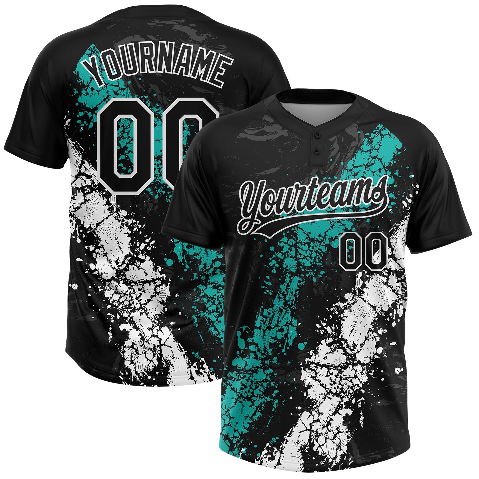 Custom Black Aqua-White Dripping Splatter Cracked Texture Two-Button Unisex Softball Jersey - Main View