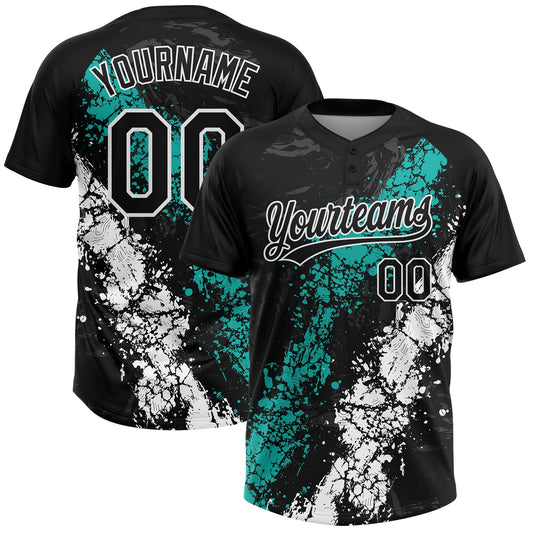 Custom Black Aqua-White Dripping Splatter Cracked Texture Two-Button Unisex Softball Jersey - Main View