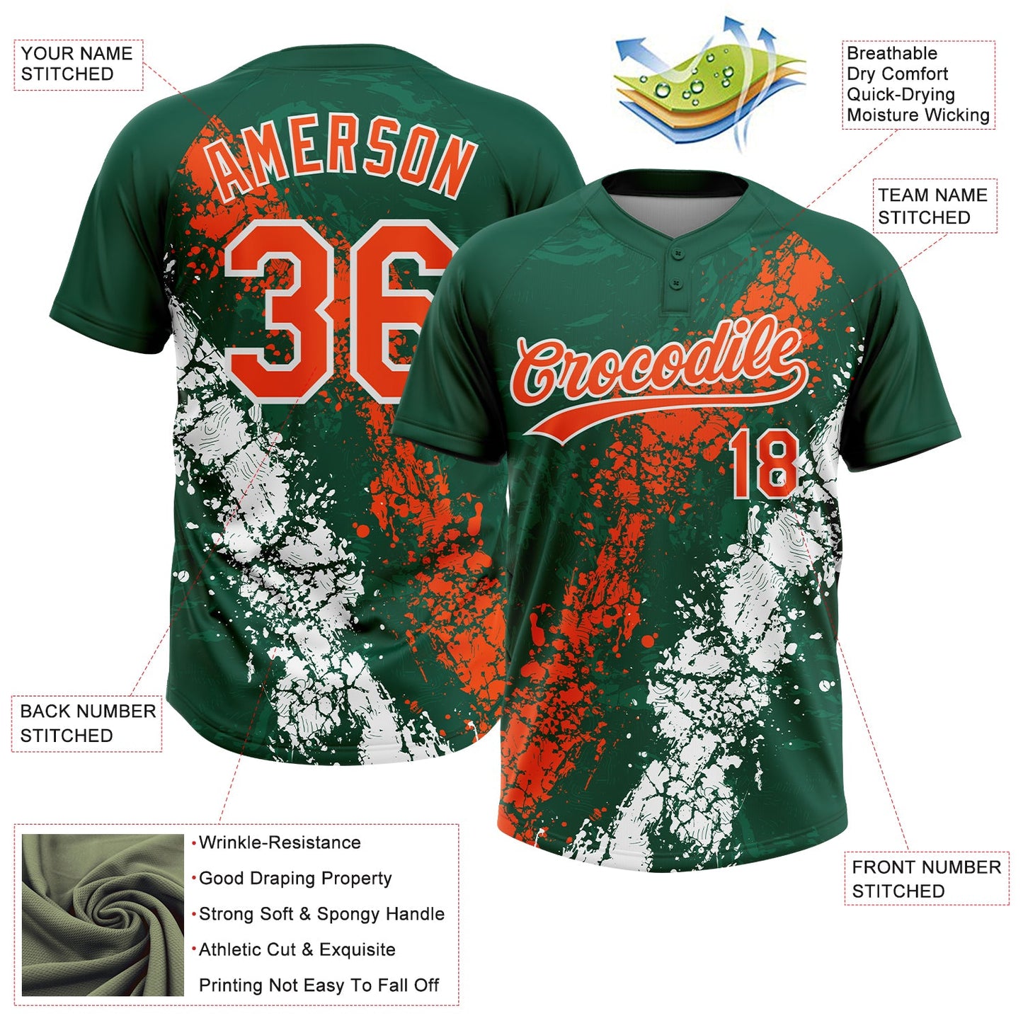 Custom Kelly Green Orange-White Dripping Splatter Cracked Texture Two-Button Unisex Softball Jersey view 3