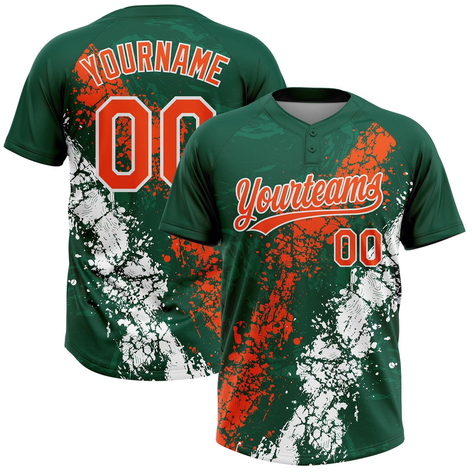 Custom Kelly Green Orange-White Dripping Splatter Cracked Texture Two-Button Unisex Softball Jersey - Main View