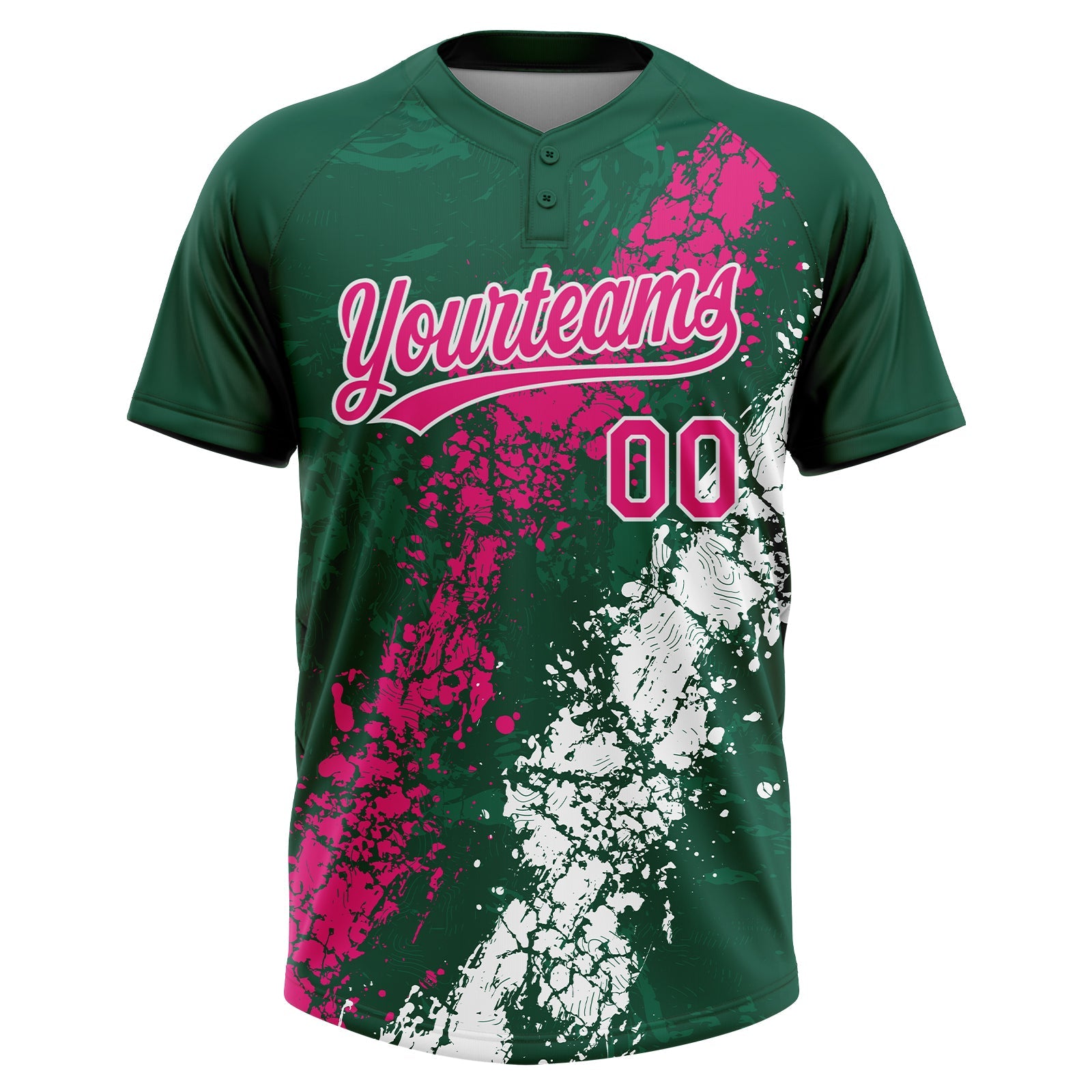 Custom Kelly Green Hot Pink-White Dripping Splatter Cracked Texture Two-Button Unisex Softball Jersey view 2