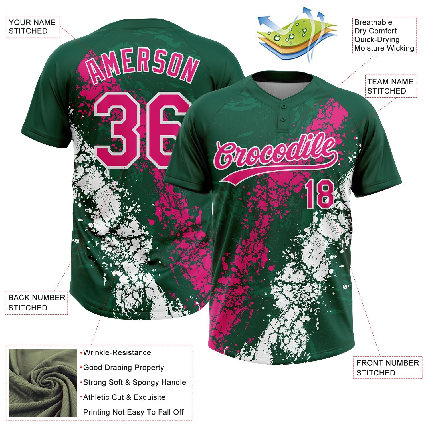 Custom Kelly Green Hot Pink-White Dripping Splatter Cracked Texture Two-Button Unisex Softball Jersey view 3