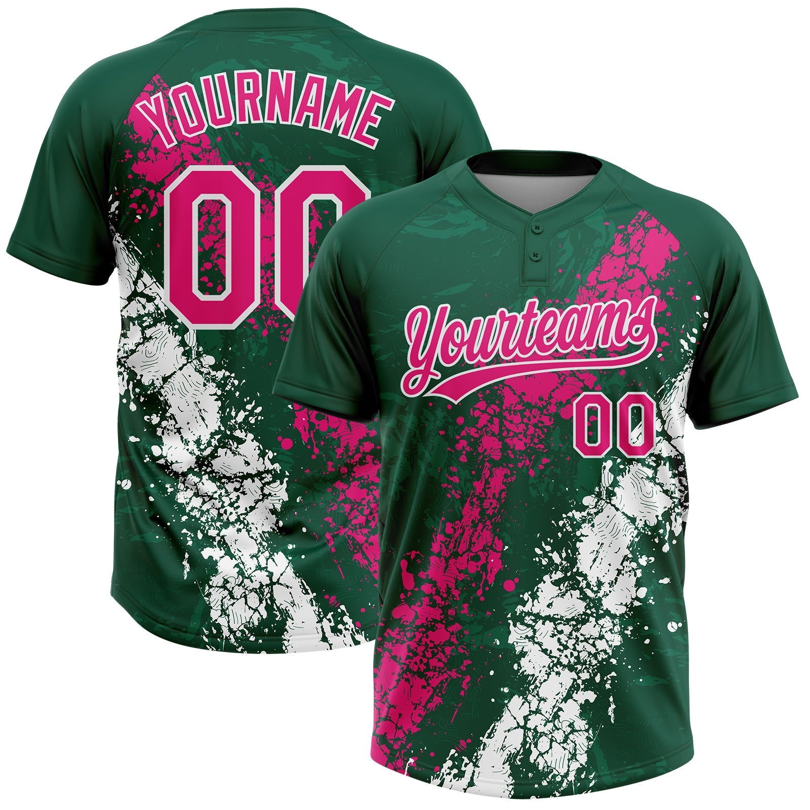 Custom Kelly Green Hot Pink-White Dripping Splatter Cracked Texture Two-Button Unisex Softball Jersey - Main View