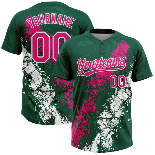 Custom Kelly Green Hot Pink-White Dripping Splatter Cracked Texture Two-Button Unisex Softball Jersey - Main View