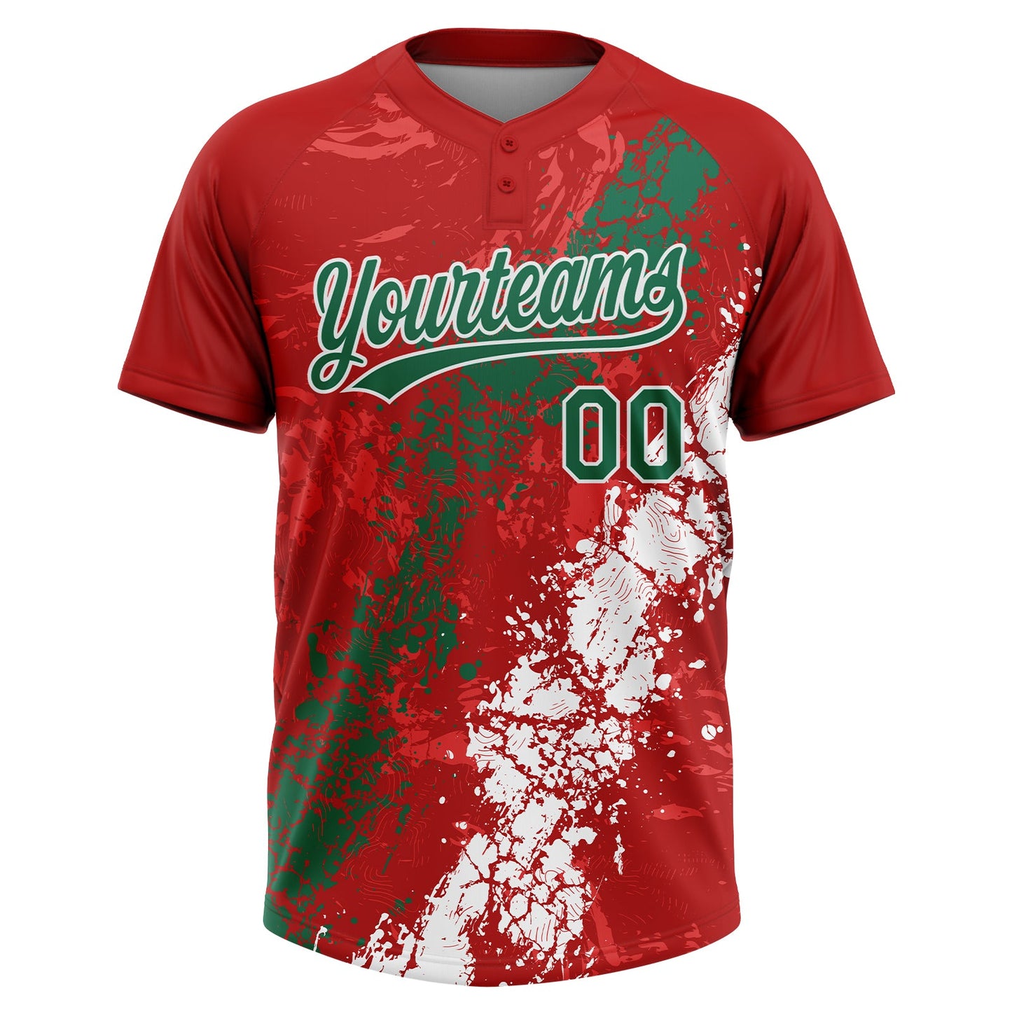 Custom Red Kelly Green-White Dripping Splatter Cracked Texture Two-Button Unisex Softball Jersey view 2