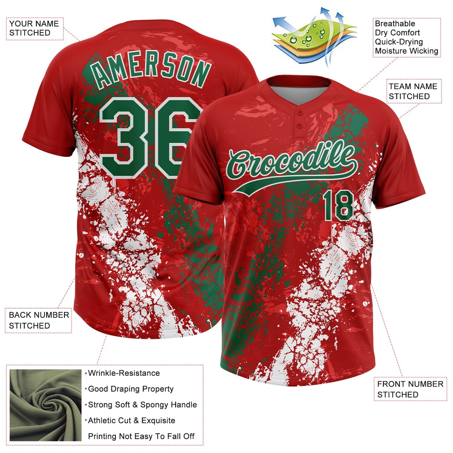 Custom Red Kelly Green-White Dripping Splatter Cracked Texture Two-Button Unisex Softball Jersey view 3
