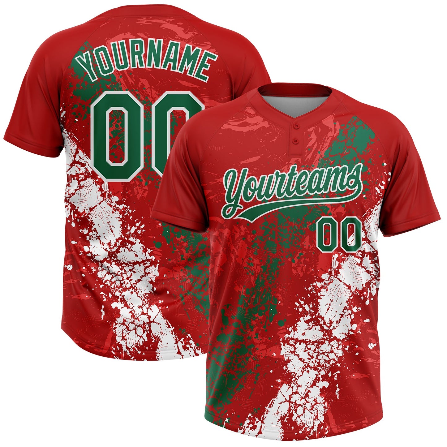 Custom Red Kelly Green-White Dripping Splatter Cracked Texture Two-Button Unisex Softball Jersey - Main View