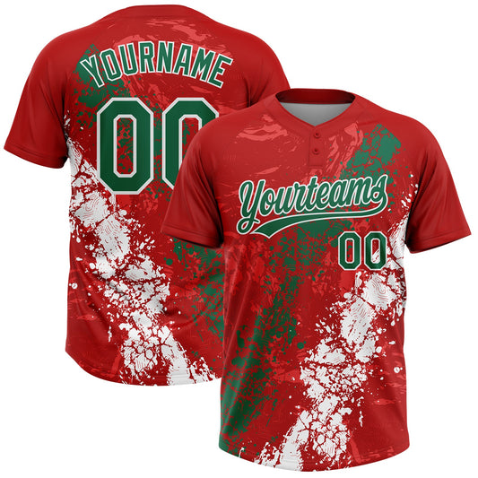 Custom Red Kelly Green-White Dripping Splatter Cracked Texture Two-Button Unisex Softball Jersey - Main View