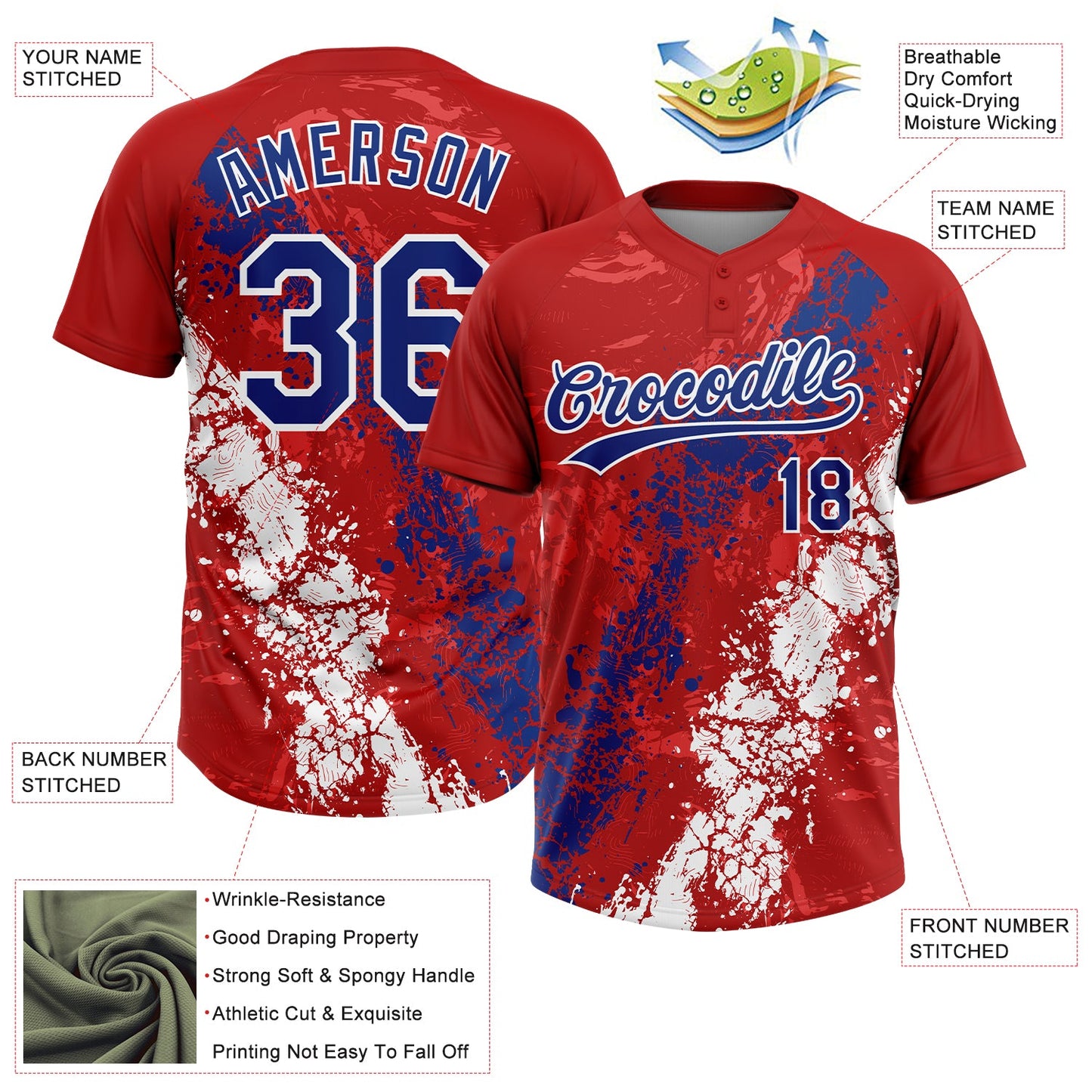 Custom Red Royal-White Dripping Splatter Cracked Texture Two-Button Unisex Softball Jersey view 3