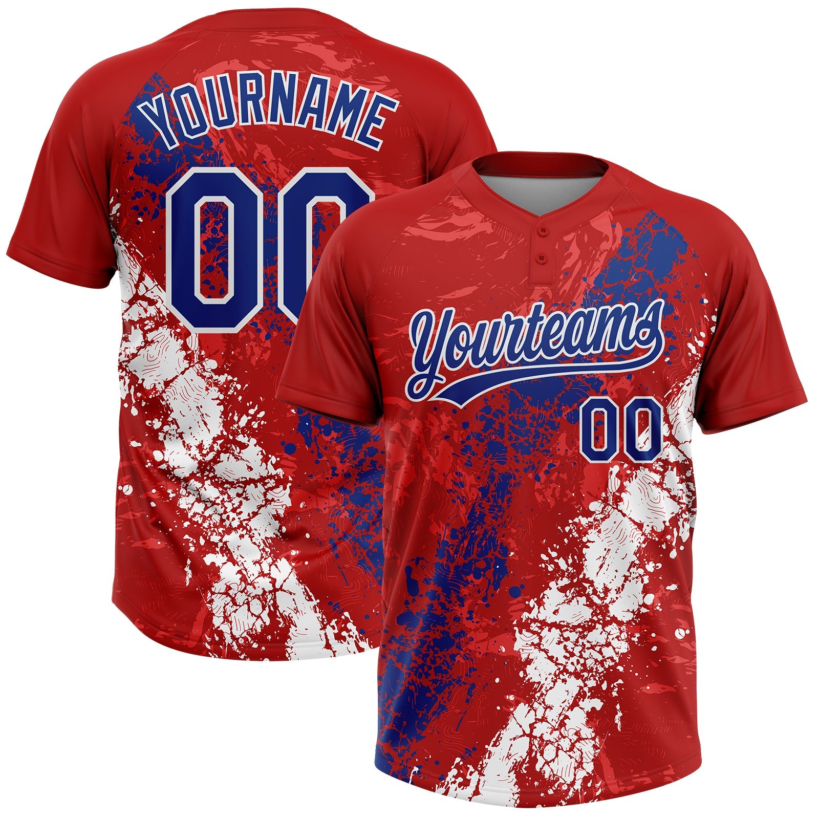 Custom Red Royal-White Dripping Splatter Cracked Texture Two-Button Unisex Softball Jersey - Main View