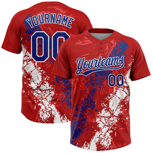 Custom Red Royal-White Dripping Splatter Cracked Texture Two-Button Unisex Softball Jersey - Main View