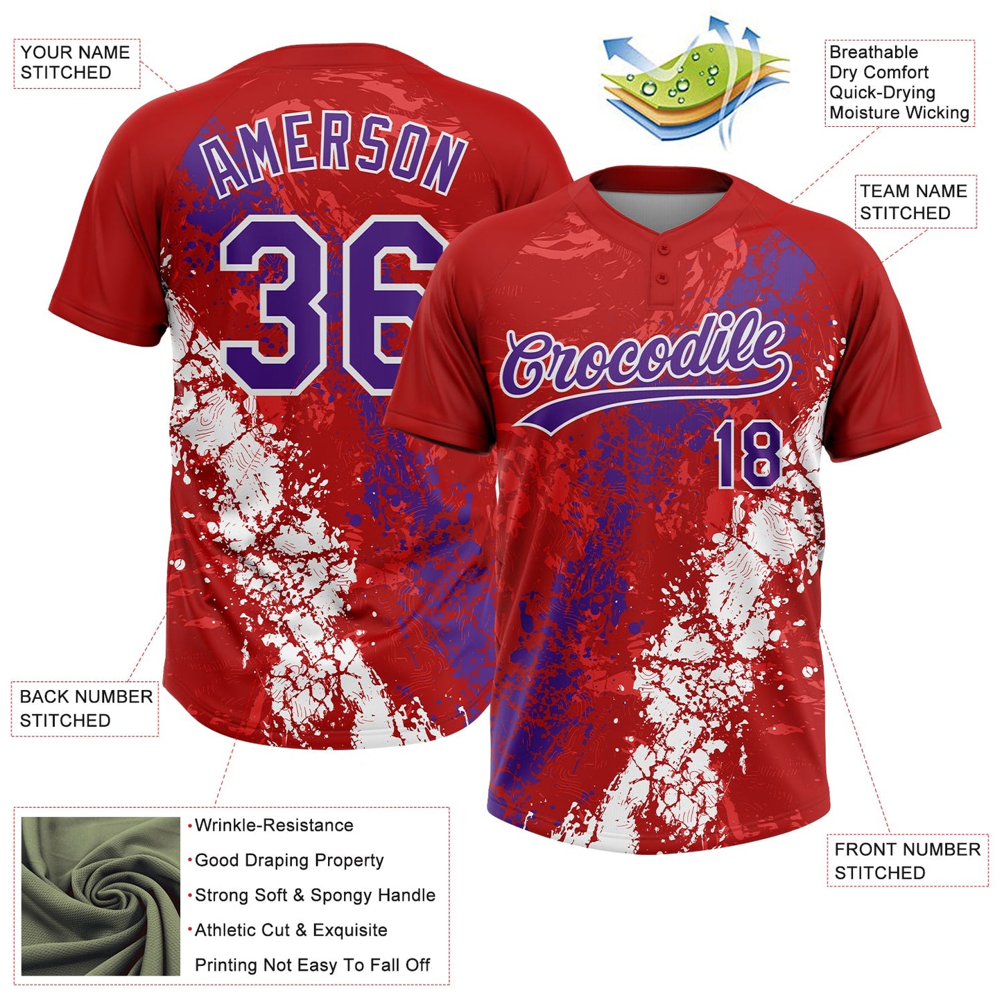 Custom Red Purple-White Dripping Splatter Cracked Texture Two-Button Unisex Softball Jersey view 3
