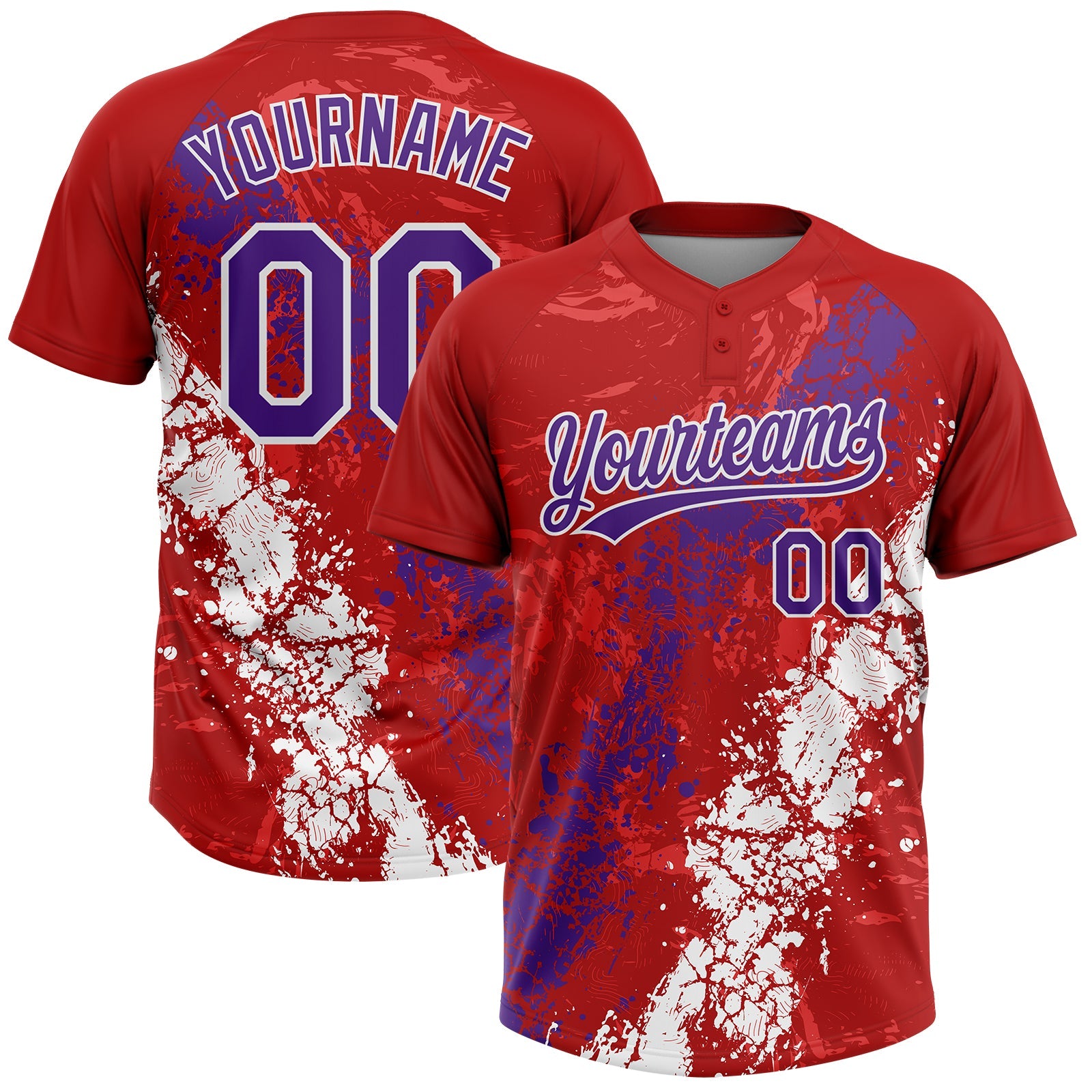Custom Red Purple-White Dripping Splatter Cracked Texture Two-Button Unisex Softball Jersey - Main View