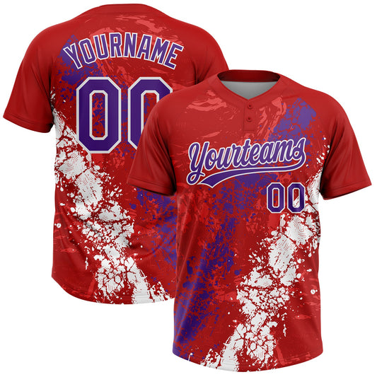 Custom Red Purple-White Dripping Splatter Cracked Texture Two-Button Unisex Softball Jersey - Main View