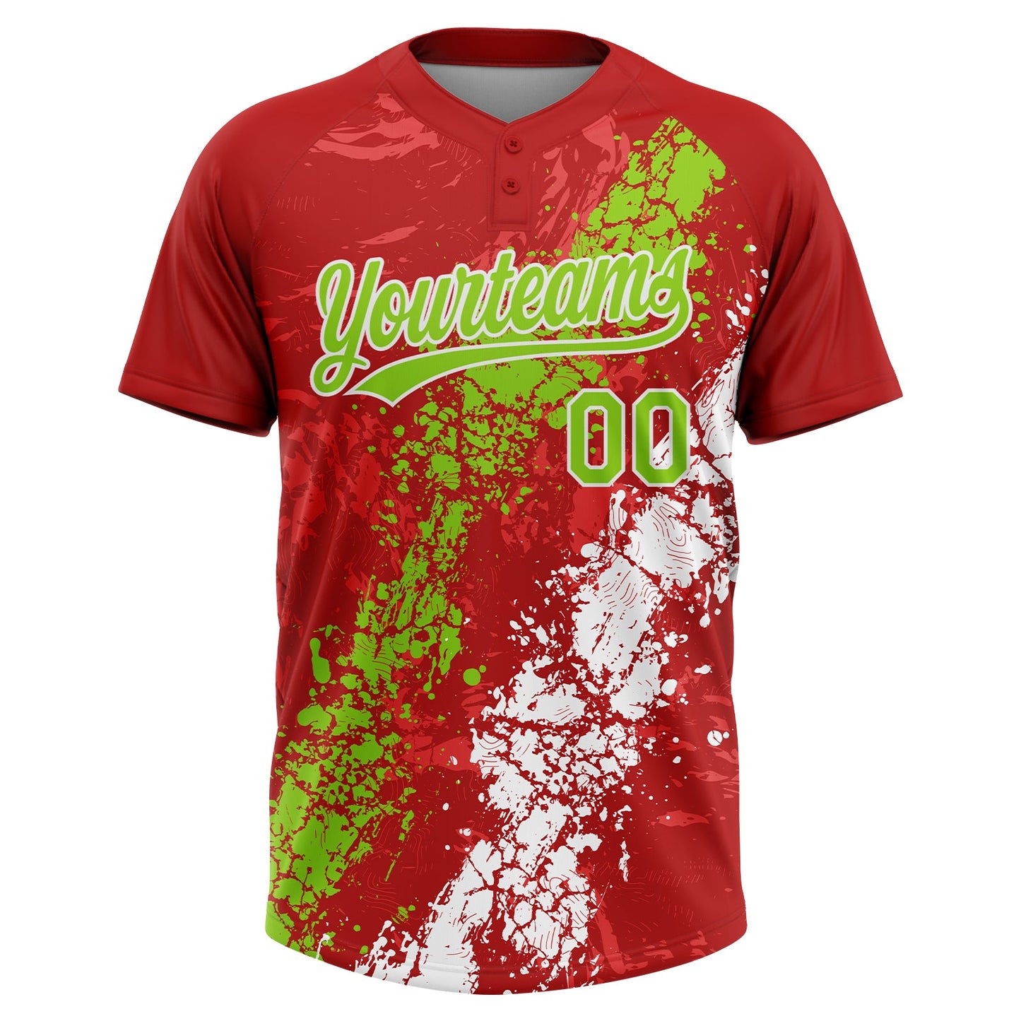 Custom Red Neon Green-White Dripping Splatter Cracked Texture Two-Button Unisex Softball Jersey view 2