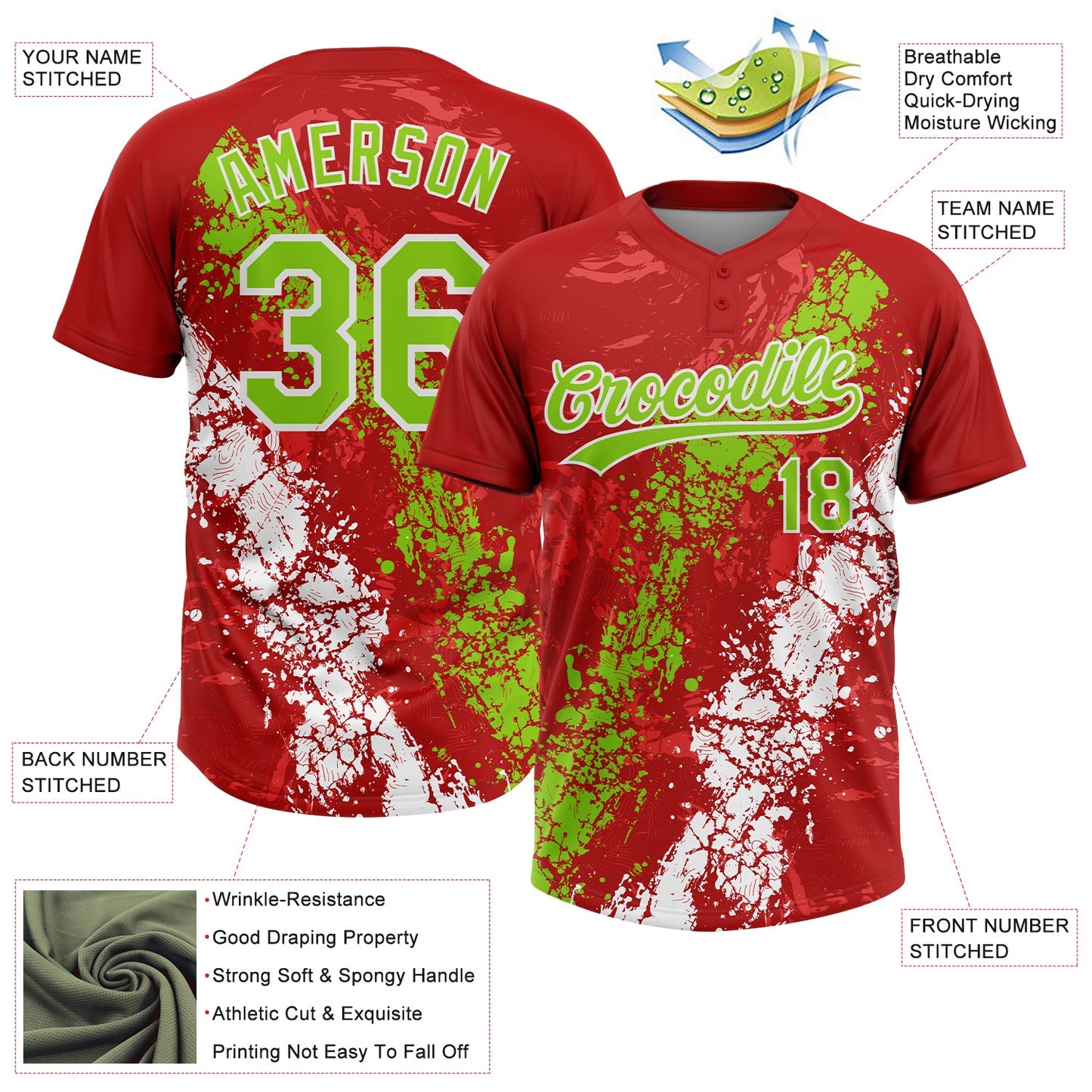 Custom Red Neon Green-White Dripping Splatter Cracked Texture Two-Button Unisex Softball Jersey view 3