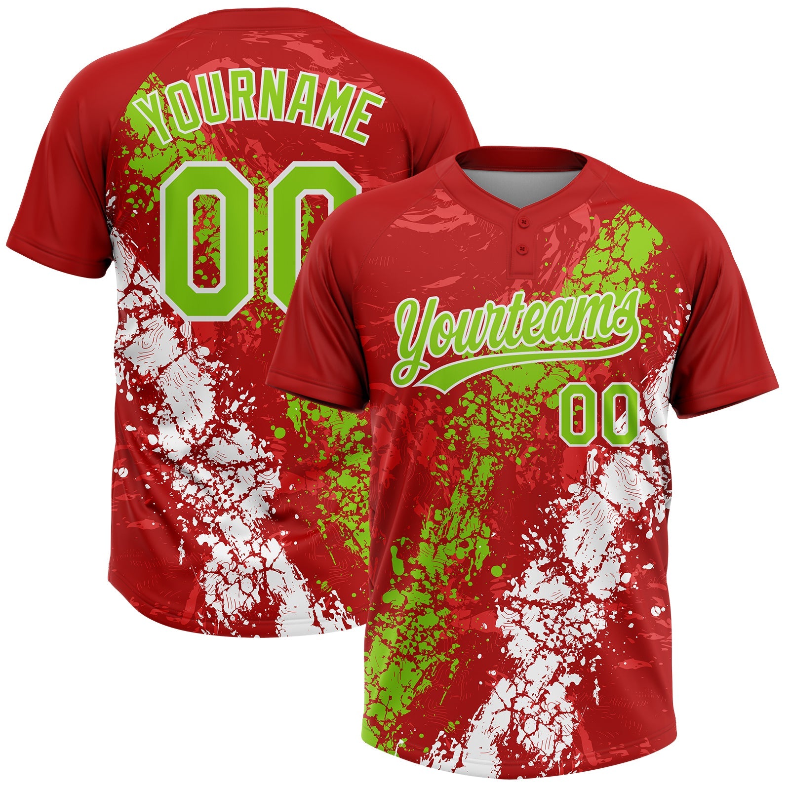 Custom Red Neon Green-White Dripping Splatter Cracked Texture Two-Button Unisex Softball Jersey - Main View