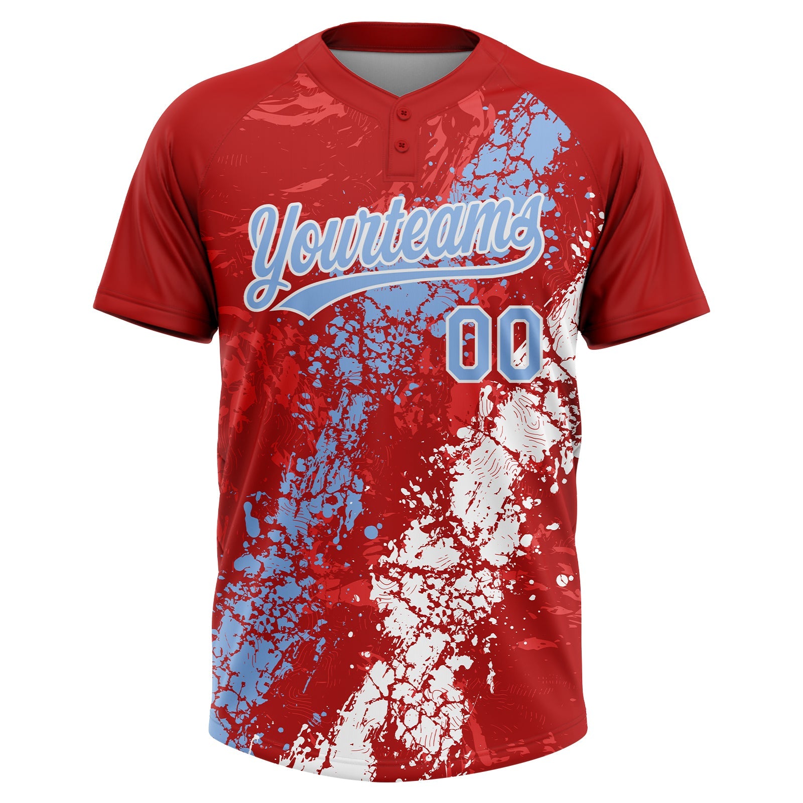 Custom Red Light Blue-White Dripping Splatter Cracked Texture Two-Button Unisex Softball Jersey view 2