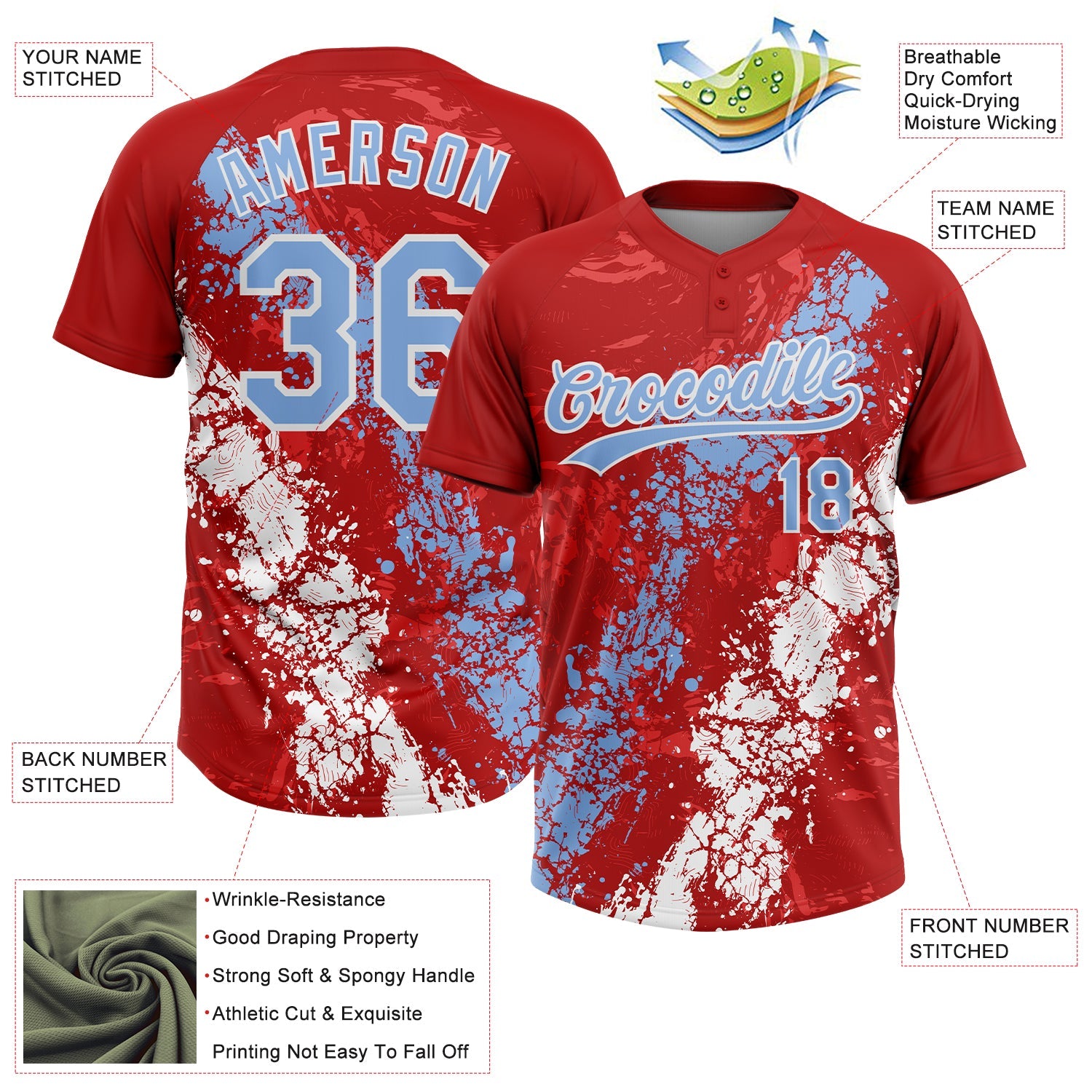 Custom Red Light Blue-White Dripping Splatter Cracked Texture Two-Button Unisex Softball Jersey view 3