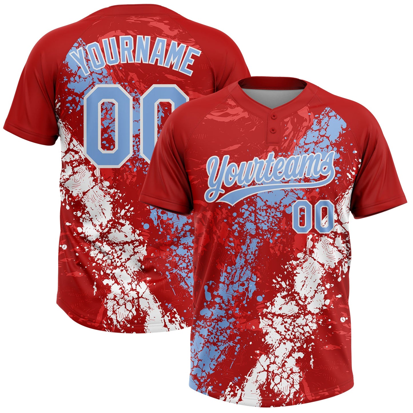 Custom Red Light Blue-White Dripping Splatter Cracked Texture Two-Button Unisex Softball Jersey - Main View