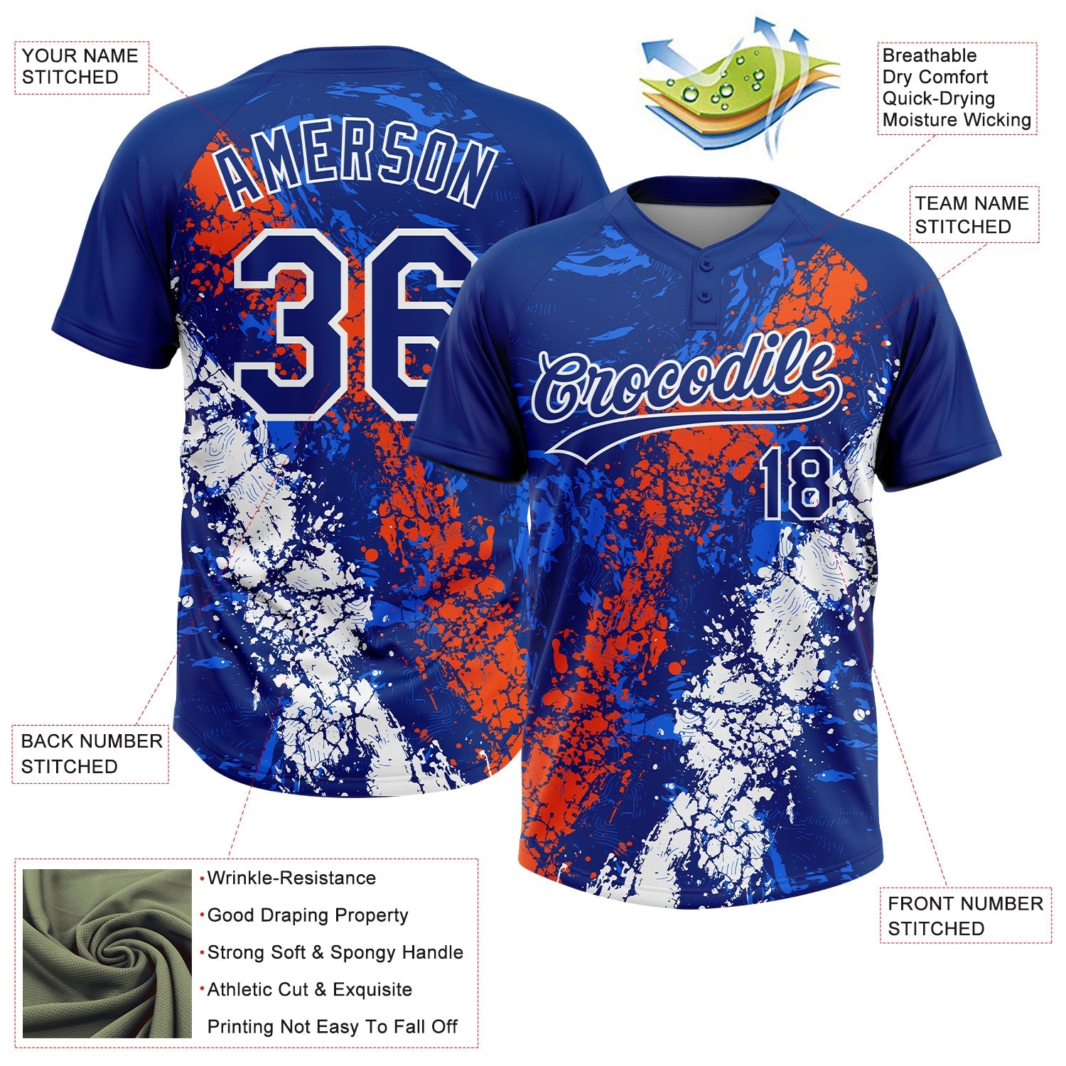 Custom Royal Orange-White Dripping Splatter Cracked Texture Two-Button Unisex Softball Jersey view 3