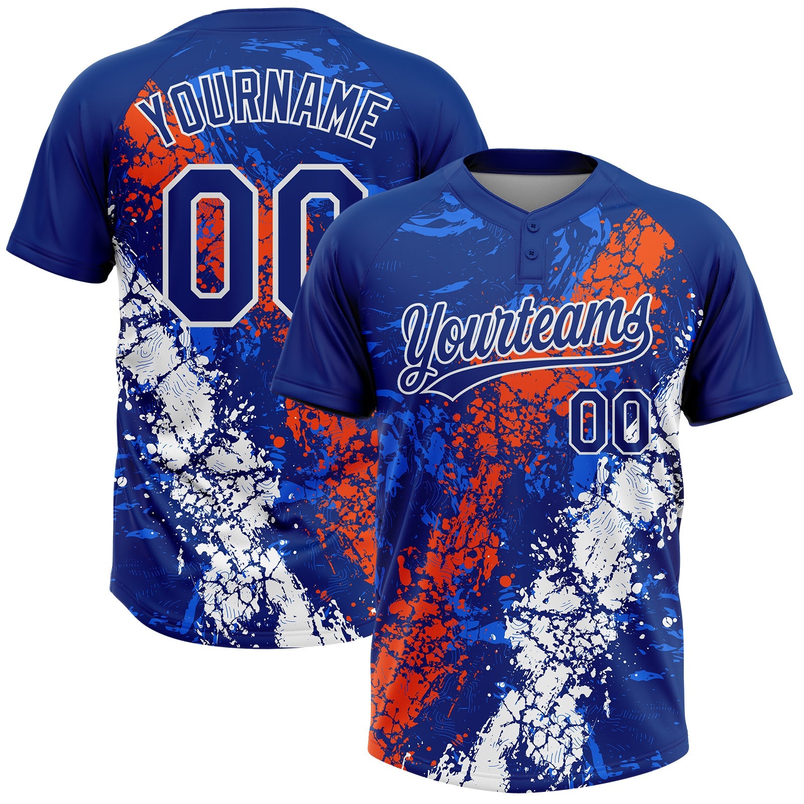Custom Royal Orange-White Dripping Splatter Cracked Texture Two-Button Unisex Softball Jersey - Main View
