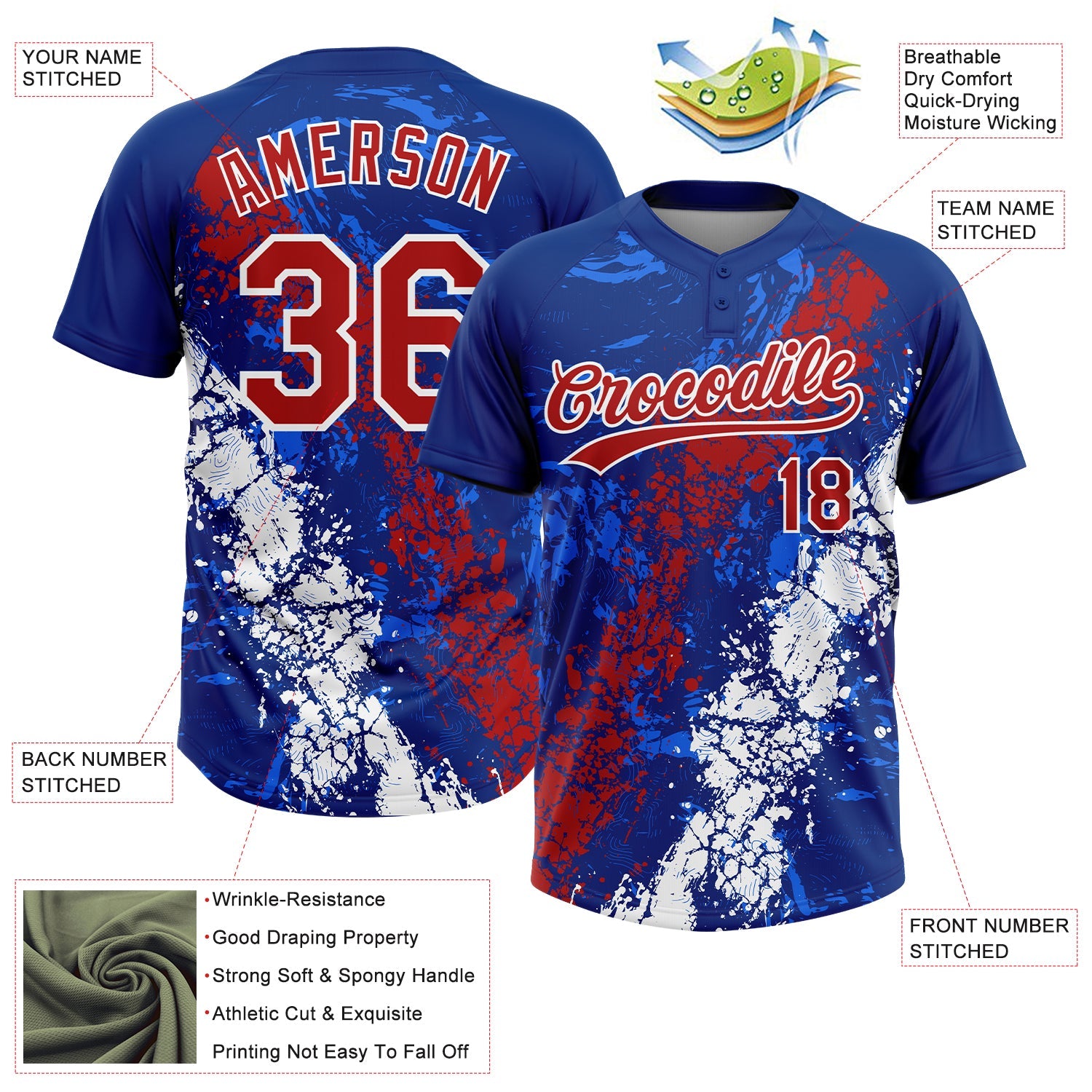 Custom Royal Red-White Dripping Splatter Cracked Texture Two-Button Unisex Softball Jersey view 3