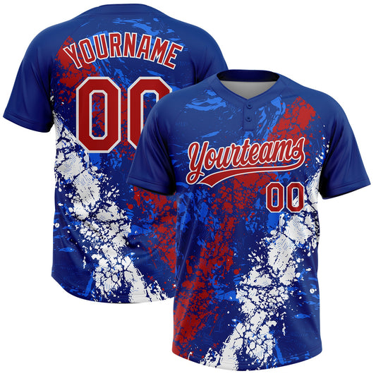 Custom Royal Red-White Dripping Splatter Cracked Texture Two-Button Unisex Softball Jersey - Main View