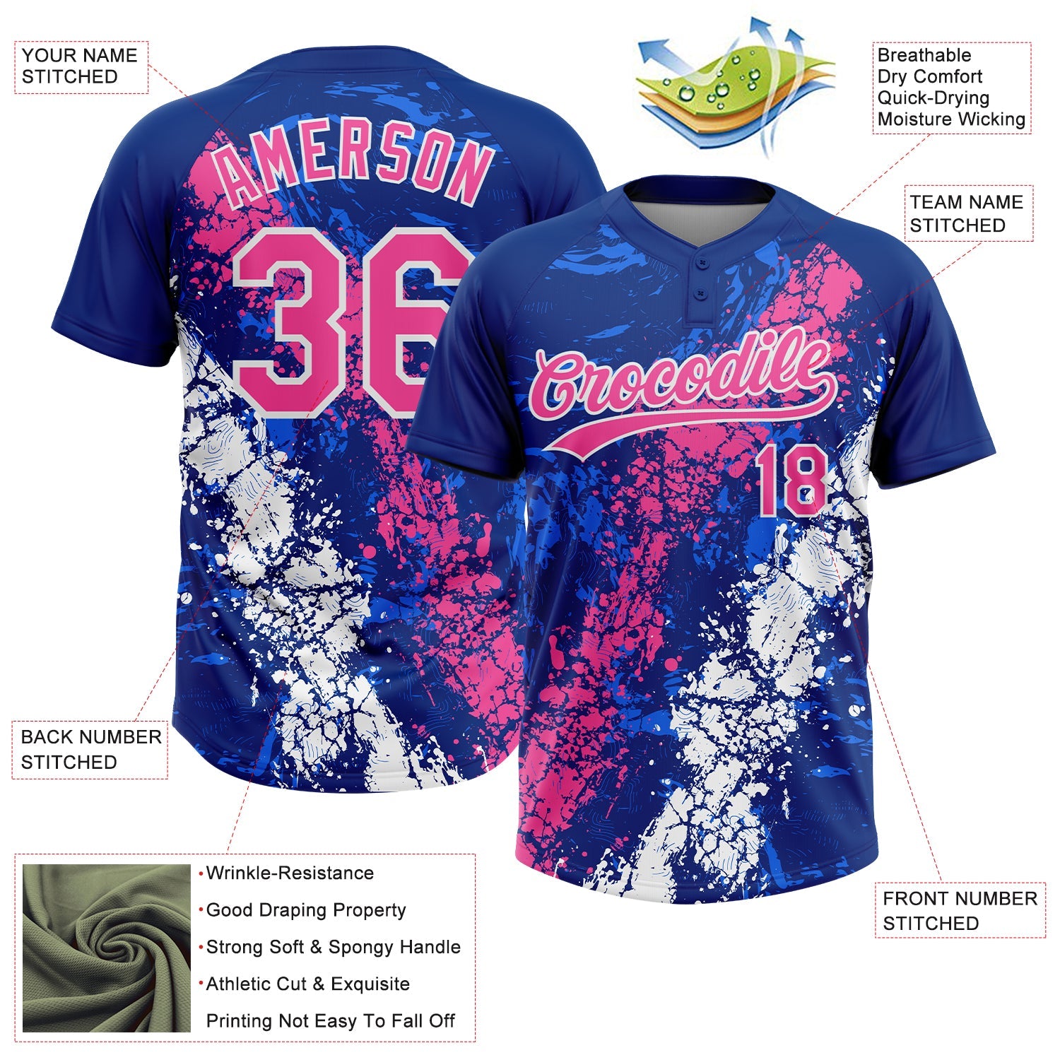 Custom Royal Pink-White Dripping Splatter Cracked Texture Two-Button Unisex Softball Jersey view 3