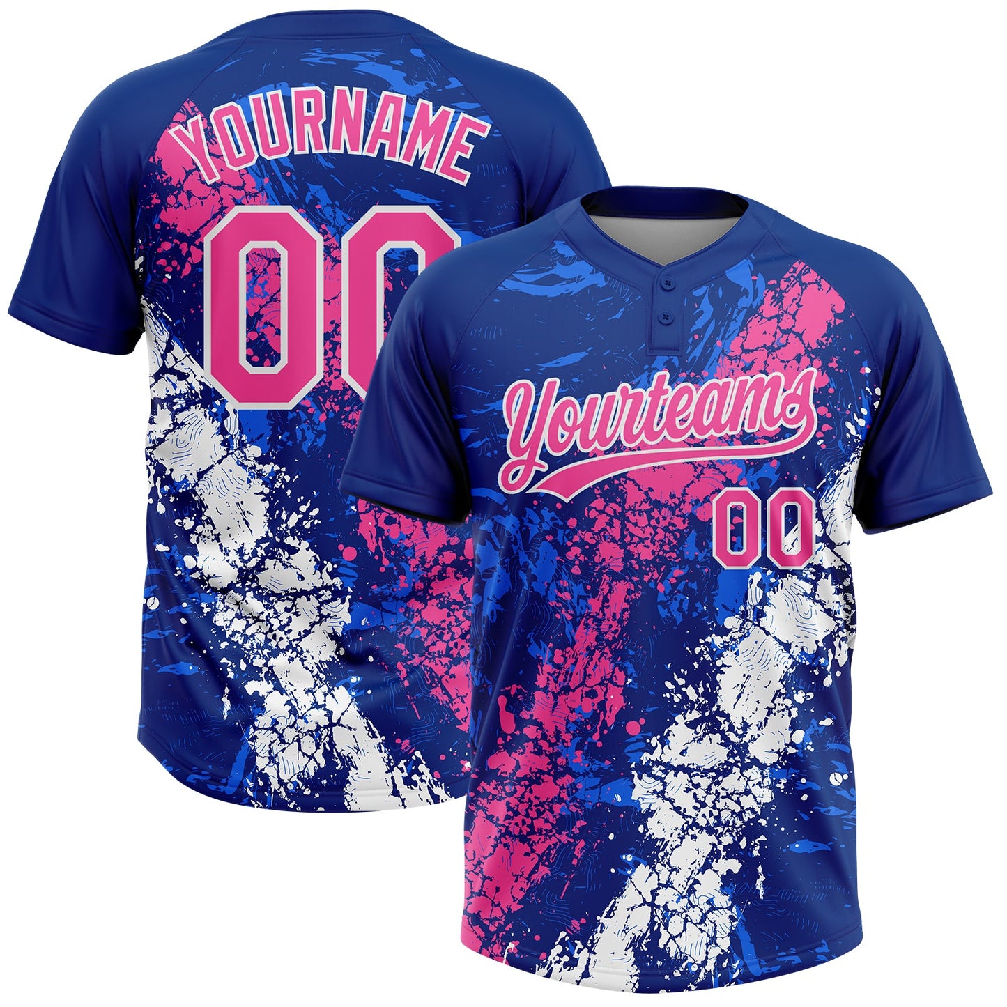 Custom Royal Pink-White Dripping Splatter Cracked Texture Two-Button Unisex Softball Jersey - Main View
