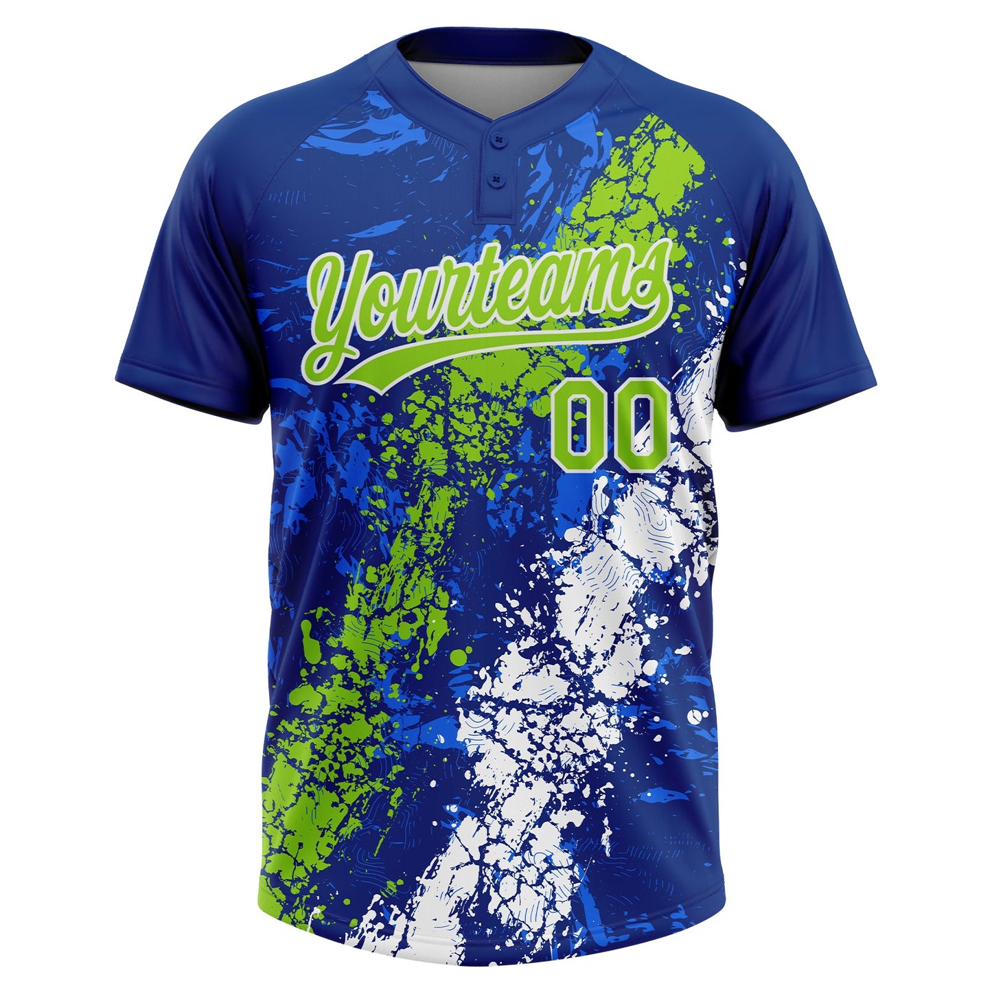 Custom Royal Neon Green-White Dripping Splatter Cracked Texture Two-Button Unisex Softball Jersey view 2