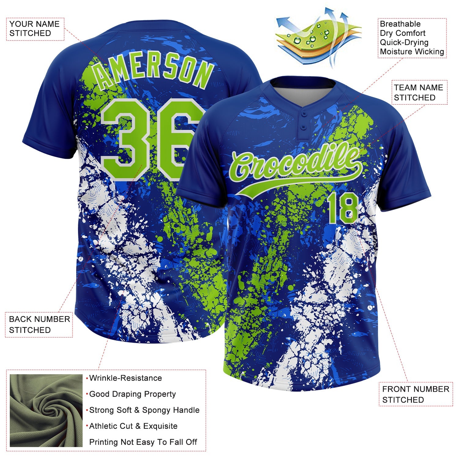 Custom Royal Neon Green-White Dripping Splatter Cracked Texture Two-Button Unisex Softball Jersey view 3