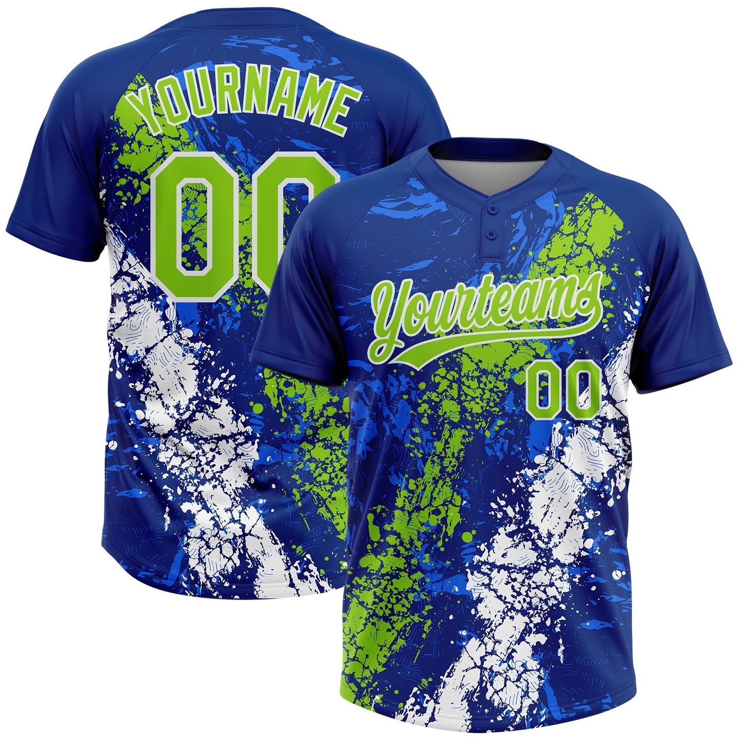 Custom Royal Neon Green-White Dripping Splatter Cracked Texture Two-Button Unisex Softball Jersey - Main View