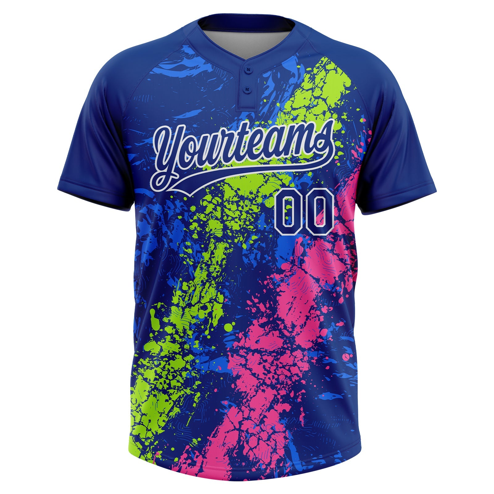 Custom Royal Neon Green Pink-White Dripping Splatter Cracked Texture Two-Button Unisex Softball Jersey view 2