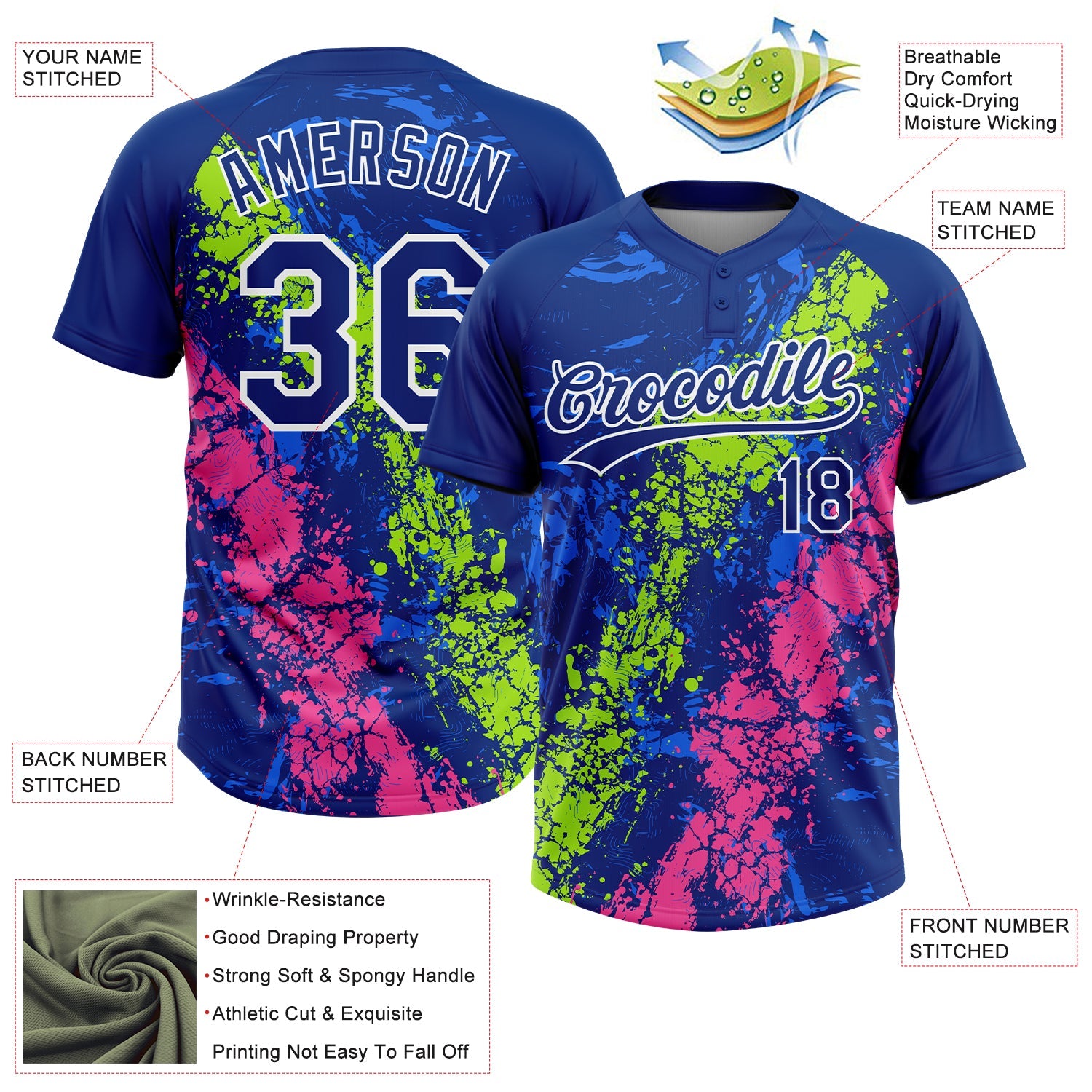 Custom Royal Neon Green Pink-White Dripping Splatter Cracked Texture Two-Button Unisex Softball Jersey view 3